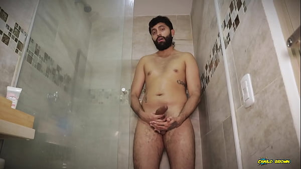 Hot Big Uncut Cock Daddy Camilo Brown Edging In The Shower And Shooting His Cum